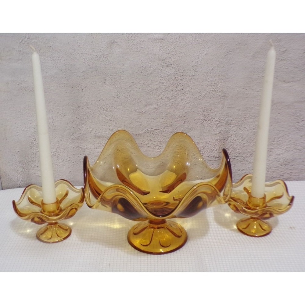 Viking Epic Footed 6 Peddles Glass Vintage Serving Bowl w/2 Candle Holders